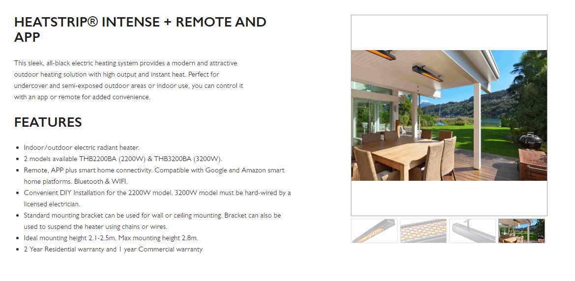 Heatstrip Heat Strip Intense with remote & App Outdoor Outside Heater 3200W THB3200BA