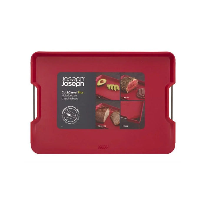 Large red multi-function chopping board with handles and product label on front