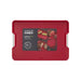 Large red multi-function chopping board with handles and product label on front