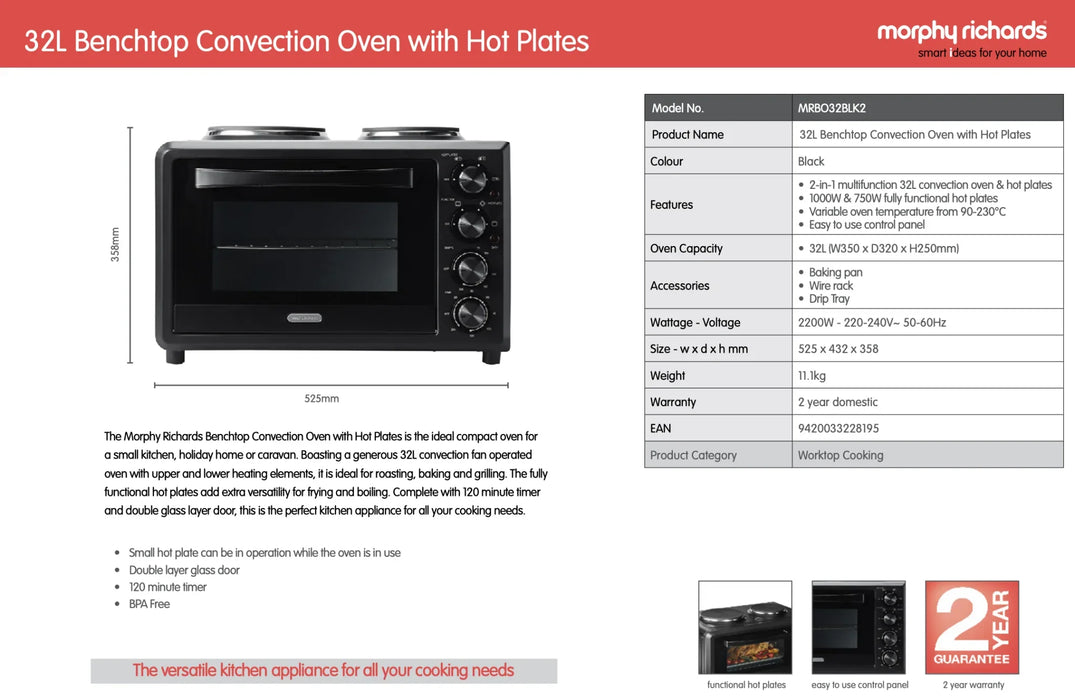 Morphy Richards Benchtop Convection Oven w/ Hot Plates - LX2001 - Homewares, Outdoor, Phone Accessories, Cases, Speakers, Headphones + More -