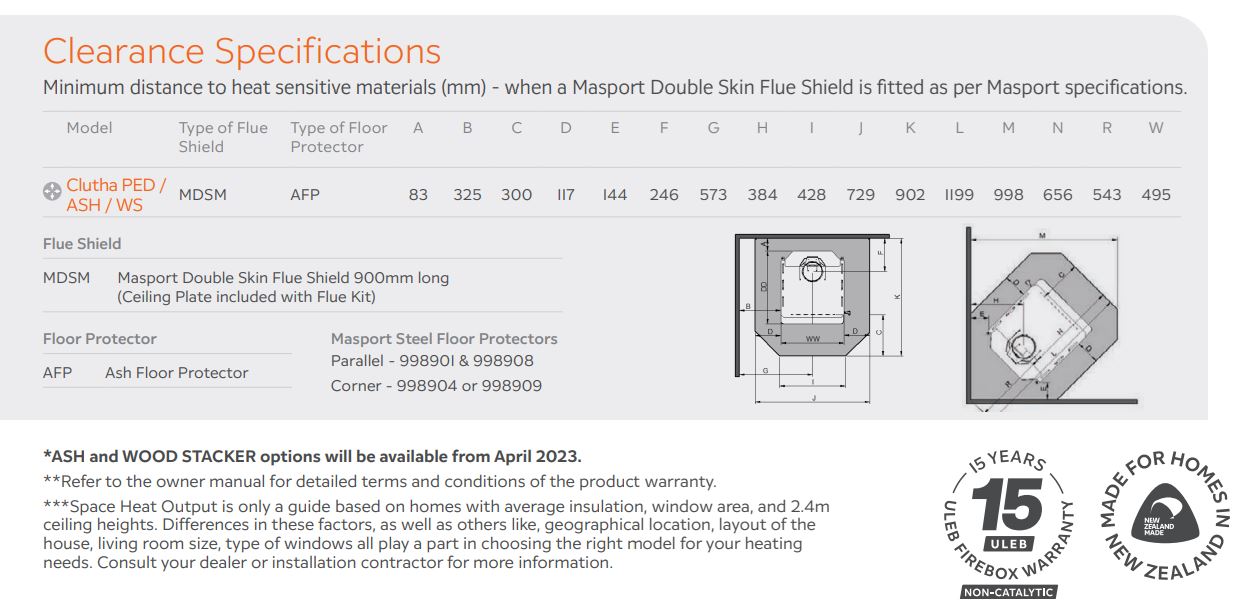 Masport Clutha Fireplace Freestanding Low Emissions Wood Fire Ash Pan + Flue