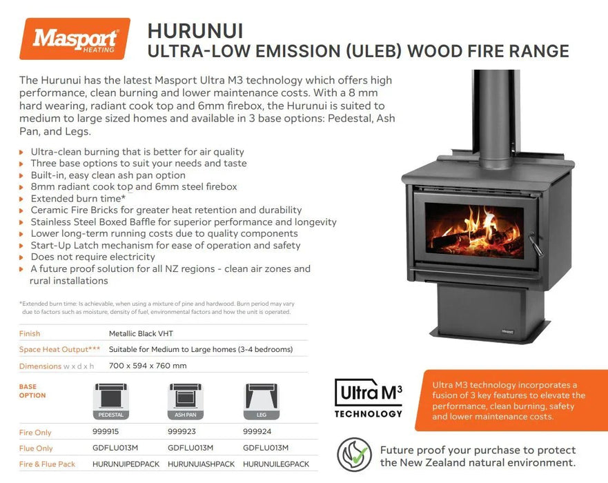 Masport Hurunui PED Fireplace Ultra-Low Emissions (ULEB) Wood Fire Legs - LX2001 - Homewares, Outdoor, Phone Accessories, Cases, Speakers, Headphones + More -