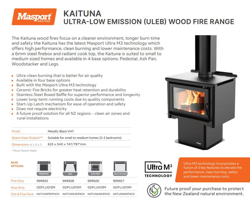 Masport Kaituna Fireplace Freestanding Low Emissions Wood Fire Ash Pan + Flue