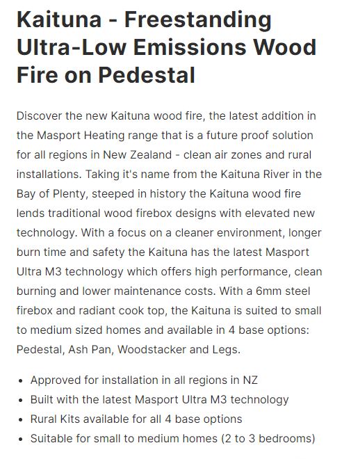 Masport Kaituna Fireplace Freestanding Low Emissions Wood Fire Ash Pan + Flue