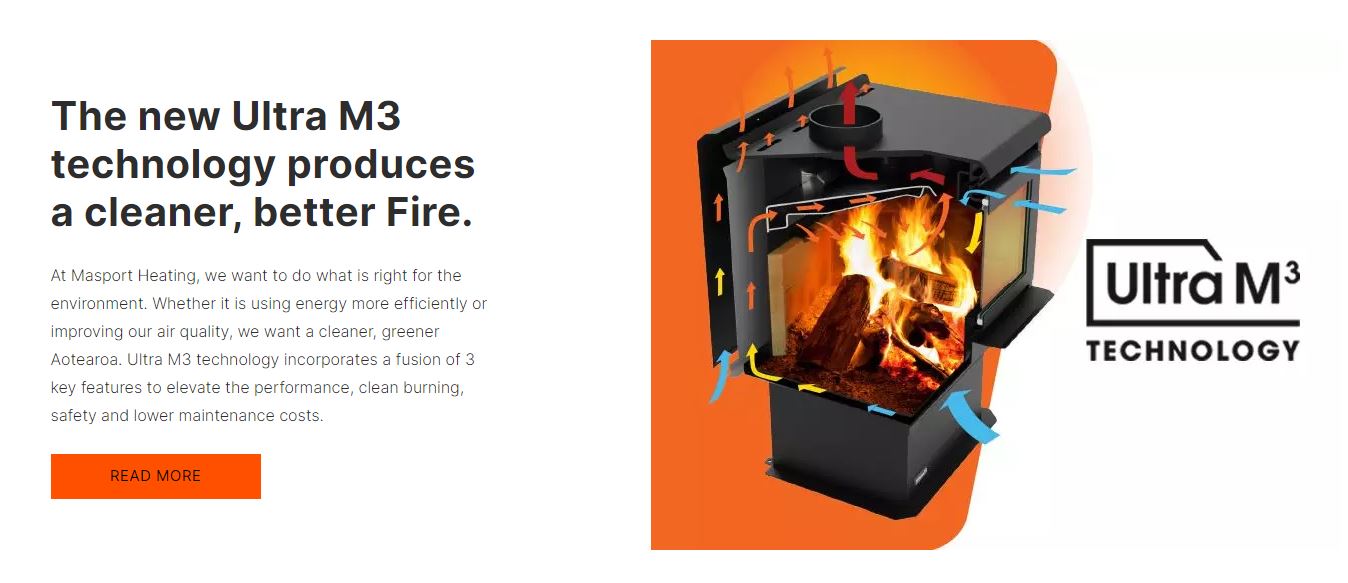 Masport Kaituna Fireplace Freestanding Low Emissions Wood Fire Ash Pan + Flue