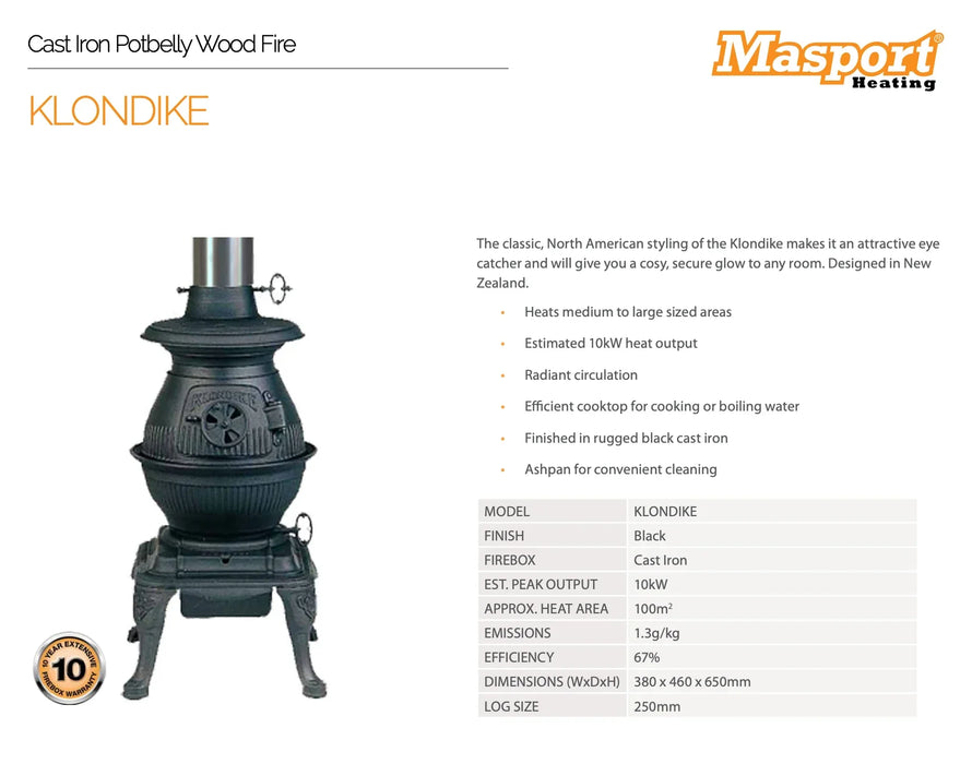 Masport Klondike Potbelly Stove Fireplace - LX2001 - Homewares, Outdoor, Phone Accessories, Cases, Speakers, Headphones + More -