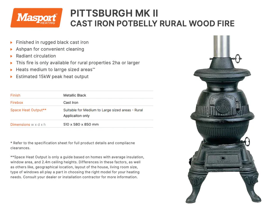 Masport Pittsburgh MK II Potbelly Stove Fireplace - LX2001 - Homewares, Outdoor, Phone Accessories, Cases, Speakers, Headphones + More -