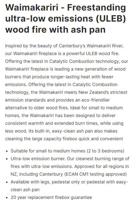 Masport Waimakariri Freestanding Fireplace wood fire w ash pan + Flue