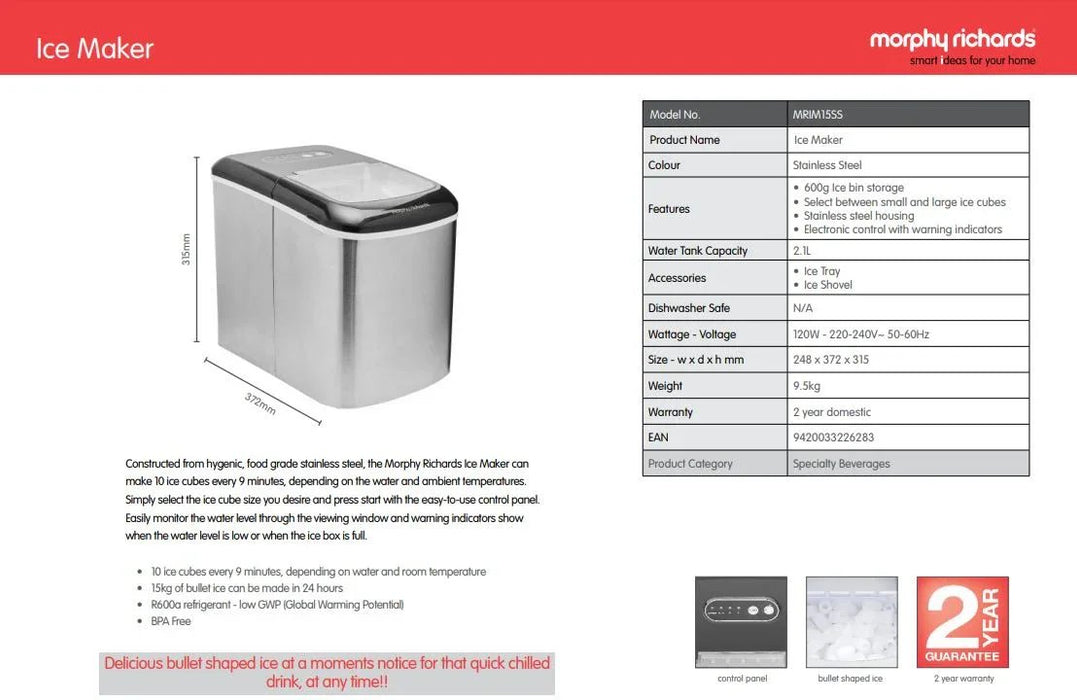 Morphy Richards 15kg Ice Maker MRIM15SS - LX2001 - Homewares, Outdoor, Phone Accessories, Cases, Speakers, Headphones + More -