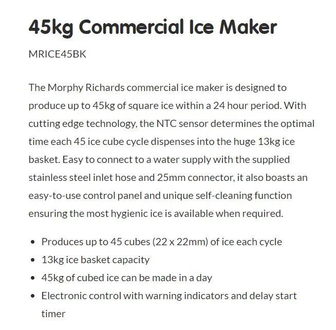 Morphy Richards 45kg Commercial Stainless Steel Ice Maker MRICE45BK - LX2001 - Homewares, Outdoor, Phone Accessories, Cases, Speakers, Headphones + More -