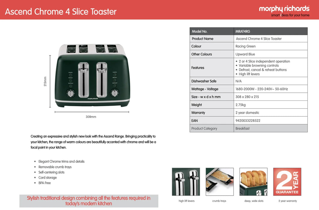 Morphy Richards Ascend Chrome 4-Slice Toaster - Racing Green - LX2001 - Homewares, Outdoor, Phone Accessories, Cases, Speakers, Headphones + More -