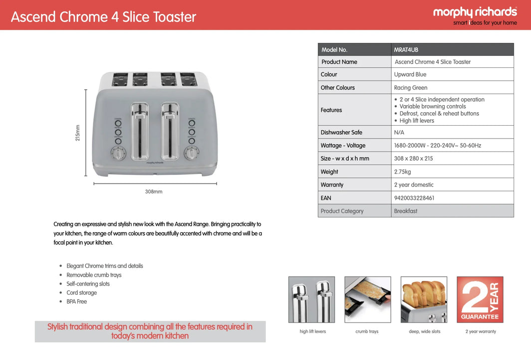 Morphy Richards Ascend Chrome 4-Slice Toaster - Upward Blue - LX2001 - Homewares, Outdoor, Phone Accessories, Cases, Speakers, Headphones + More -