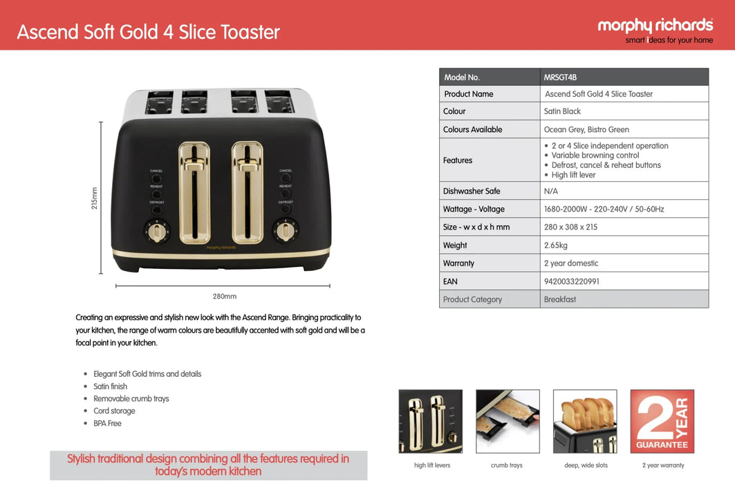 Morphy Richards Ascend Soft Gold 4-Slice Toaster - Satin Black MRSGT4B - LX2001 - Homewares, Outdoor, Phone Accessories, Cases, Speakers, Headphones + More -