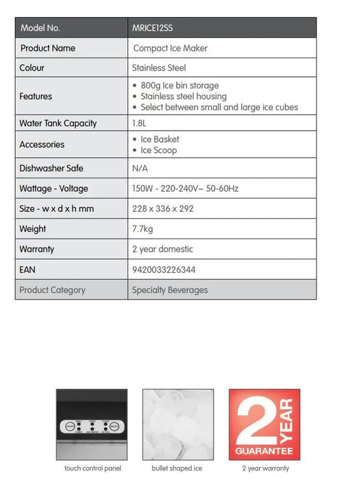 Morphy Richards Compact Ice Maker 12kg Stainless Steel MRICE12SS - LX2001 - Homewares, Outdoor, Phone Accessories, Cases, Speakers, Headphones + More -