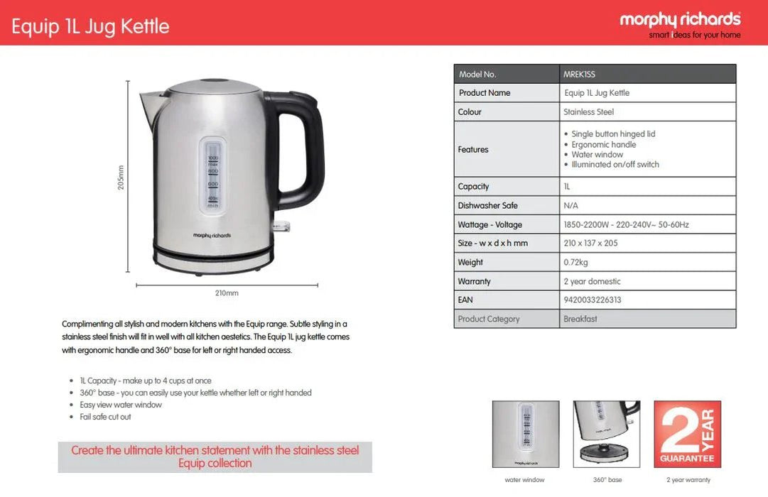 Morphy Richards Equip 1L Jug Kettle Stainless Steel MREK1SS - LX2001 - Homewares, Outdoor, Phone Accessories, Cases, Speakers, Headphones + More -