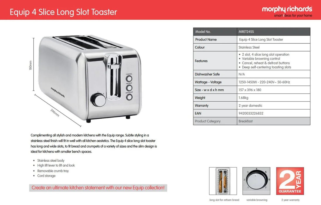 Morphy Richards Equip 4-Slice Long Slot Toaster - Stainless Steel - LX2001 - Homewares, Outdoor, Phone Accessories, Cases, Speakers, Headphones + More -