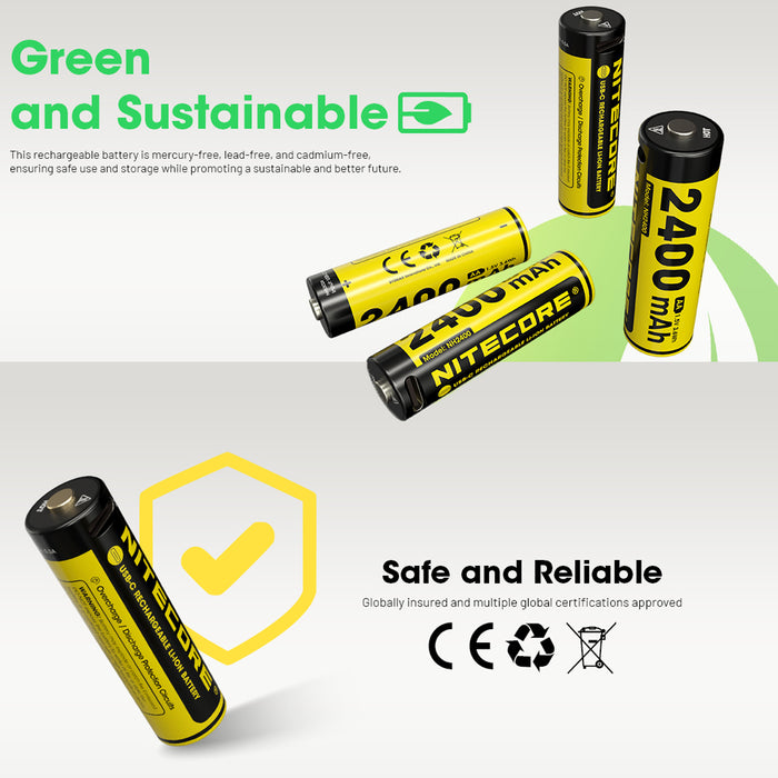 Nitecore Rechargeable Aa Batteries Li-Ion 2400Mah 1.5V 4Pk Usc-C