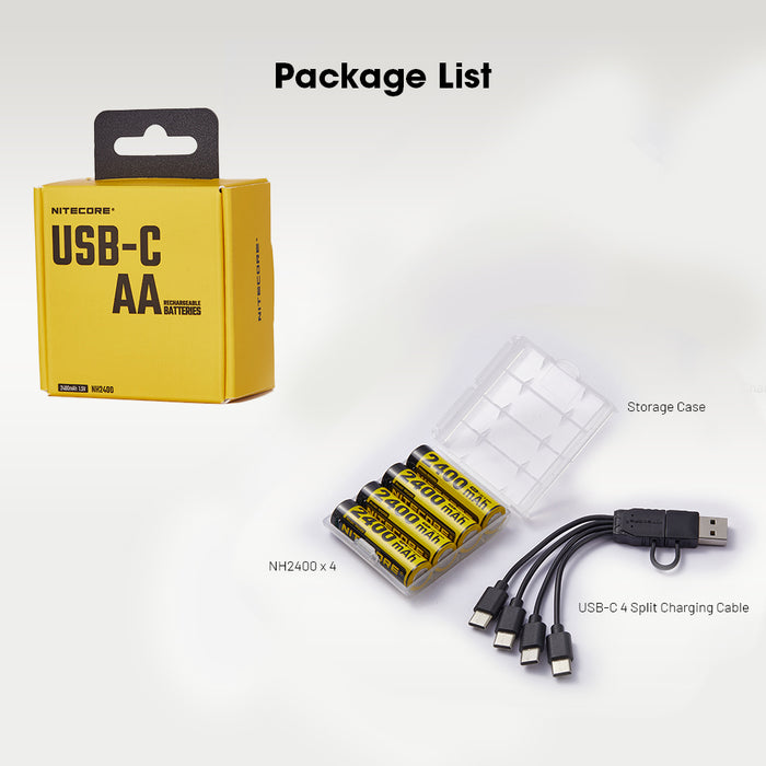 Nitecore Rechargeable Aa Batteries Li-Ion 2400Mah 1.5V 4Pk Usc-C