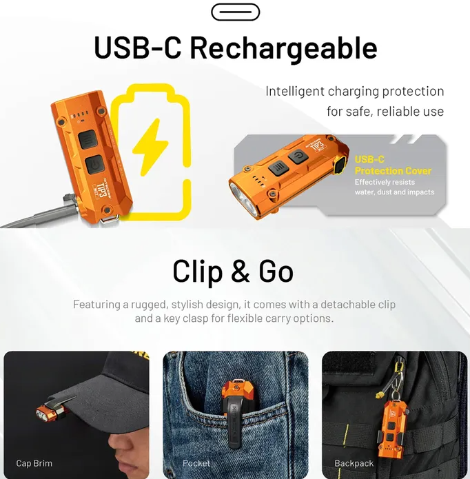 Nitecore Tip3 720 Lumen Keychain Torch Light Classic Alloy Orange