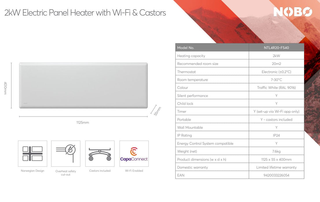 Nobo Wi-Fi WiFi Slimline Panel Heater 2000W