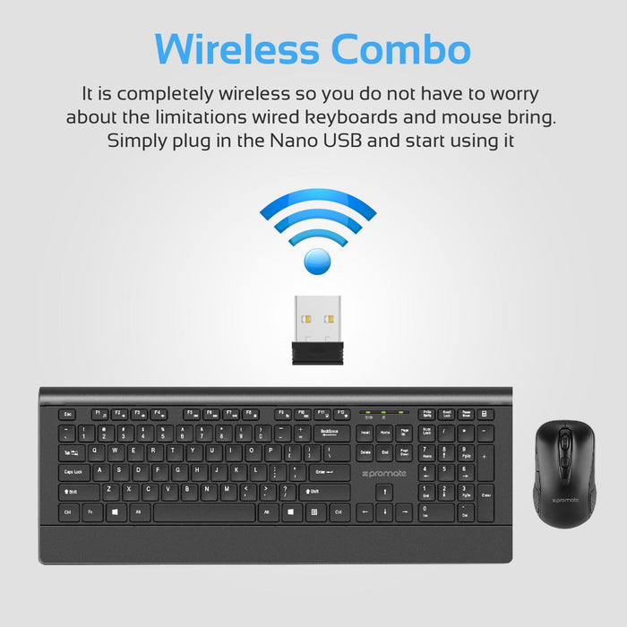 PROMATE ProCombo-4 Ergonomic Wireless USB Mouse & Keyboard Combo PROCOMBO-4.BLK