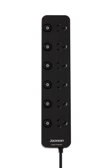 Jackson Surge Protected Powerboard - Black (6 Outlet) - LX2001 - Homewares, Outdoor, Phone Accessories, Cases, Speakers, Headphones + More -