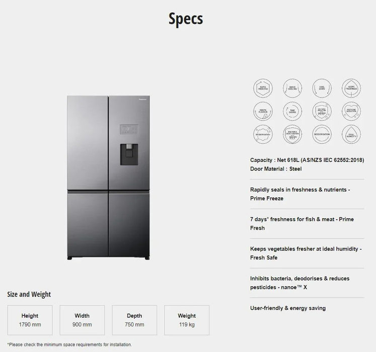 Panasonic 618L Quad Door Fridge Freezer w Ice Water Dispenser Stainless Steel - LX2001 - Homewares, Outdoor, Phone Accessories, Cases, Speakers, Headphones + More -