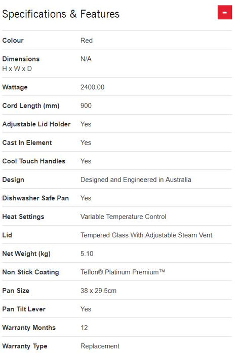 Sunbeam FP5920R Minerale Classic Banquet Fry Pan FryPan Ochre Red 9311445020036