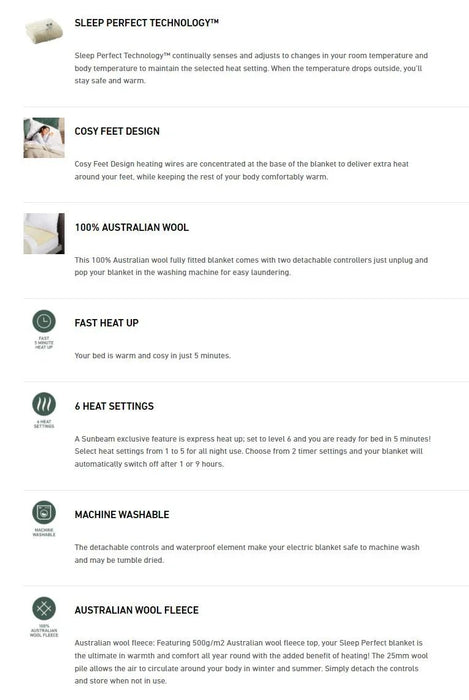 Sunbeam Sleep Perfect Wool Fleece Electric Blanket - King - LX2001 - Homewares, Outdoor, Phone Accessories, Cases, Speakers, Headphones + More -