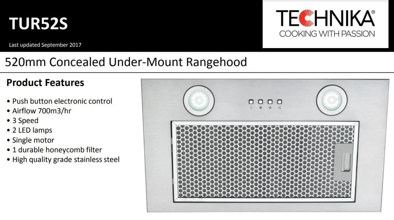 Technika 52CM Under Mount Rangehood Stainless Steel LED - LX2001 - Homewares, Outdoor, Phone Accessories, Cases, Speakers, Headphones + More -