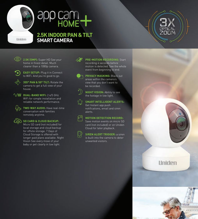 Uniden Guardian App Cam Home+ 2.5K Indoor Pan & Tilt Camera