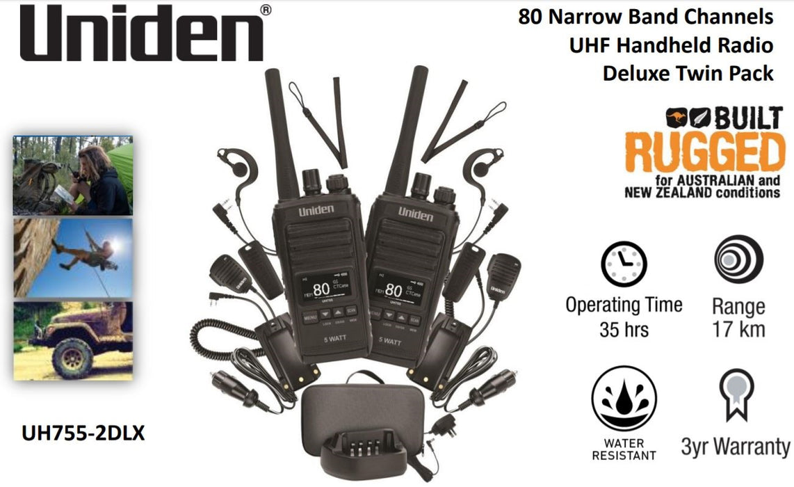 Uniden UH755-2DLX 5 Watt UHF CB Splash-Proof Handheld Radio