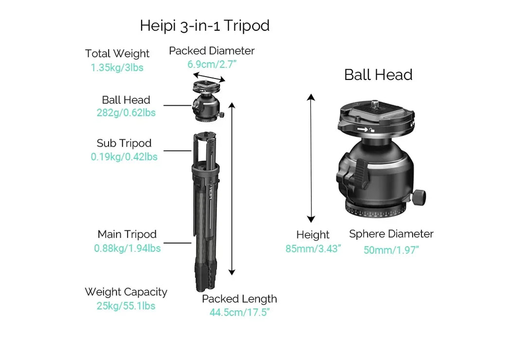 Heipi Vision 3-In-1 Carbon Fiber Travel Tripod 44.5Cm / 1.35Kg - LX2001 - Homewares, Outdoor, Phone Accessories, Cases, Speakers, Headphones + More -