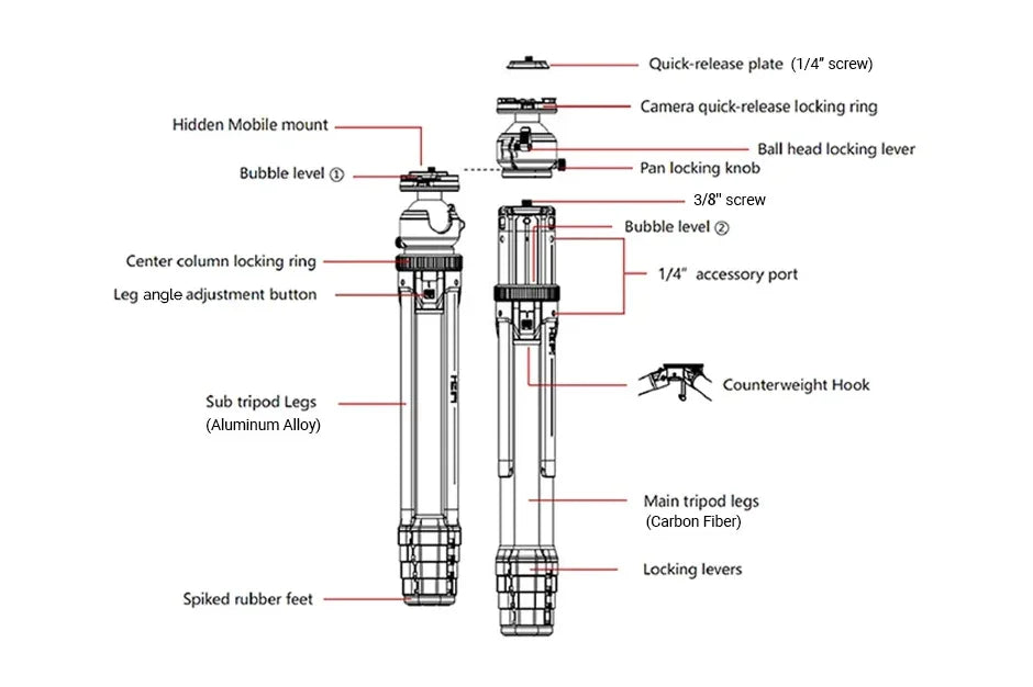 Heipi Vision 3-In-1 Carbon Fiber Travel Tripod 44.5Cm / 1.35Kg - LX2001 - Homewares, Outdoor, Phone Accessories, Cases, Speakers, Headphones + More -