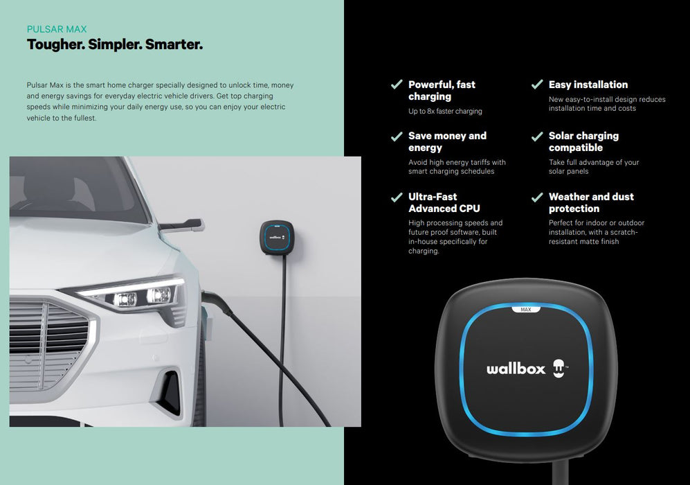 Wallbox Pulsar Max EV Electric Vehicle Charger - Type 2 - 5M - Black - 3 Phase