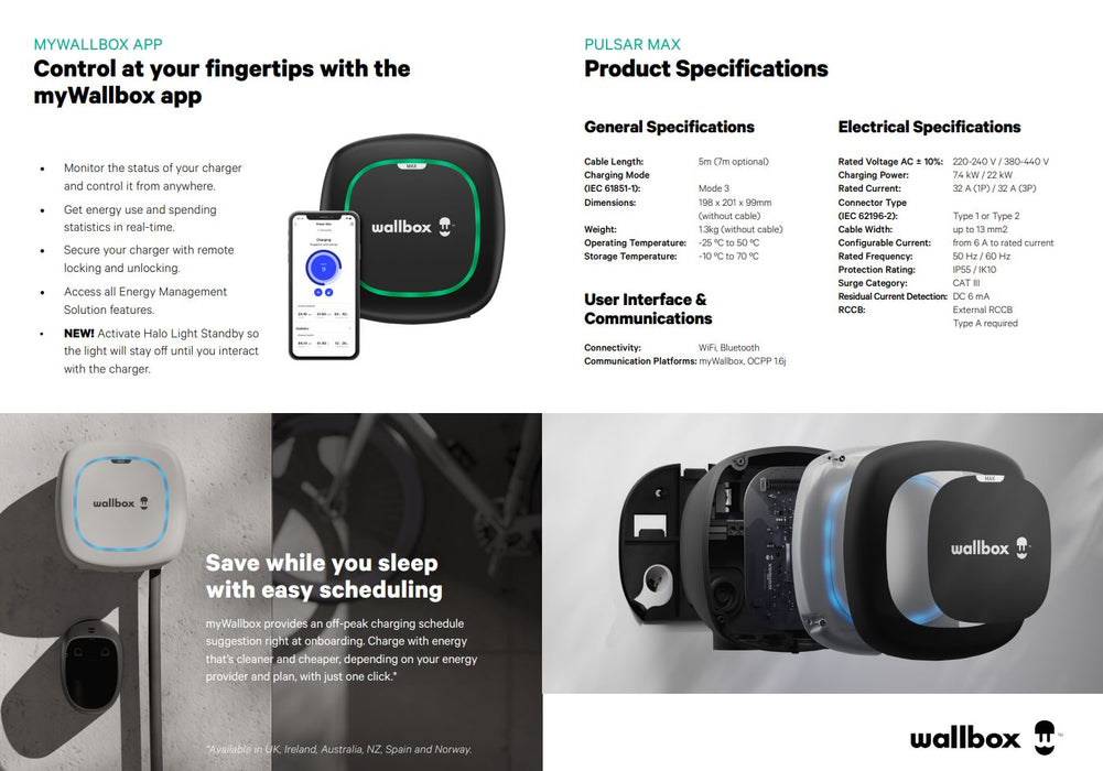 Wallbox Pulsar Max EV Electric Vehicle Charger - Type 2 - 5M - Black - 3 Phase