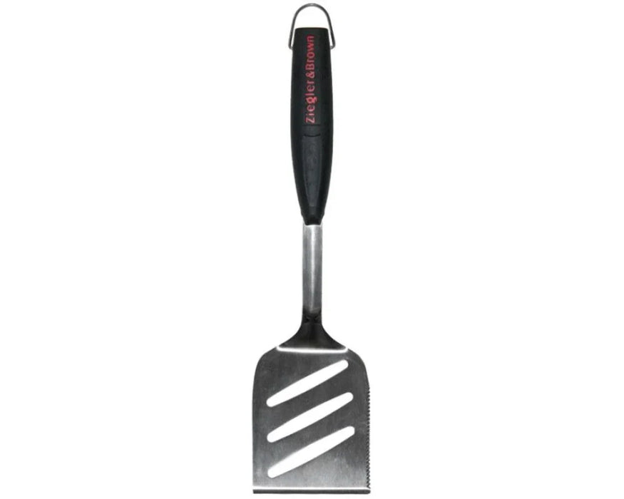 Stainless steel barbecue spatula with black handle and slotted blade on white background