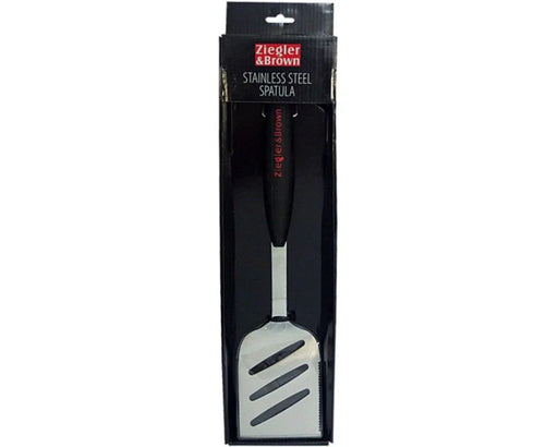 Stainless steel slotted spatula with black handle in retail packaging
