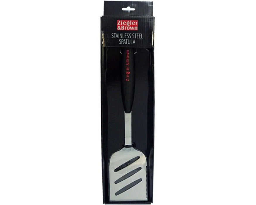 Stainless steel slotted spatula with black handle in retail packaging