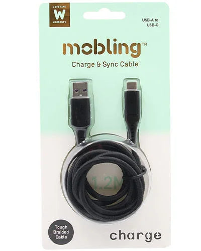 Mobling Braided Cable USB-A to USB-C - 1.2m Black - LX2001 - Homewares, Outdoor, Phone Accessories, Cases, Speakers, Headphones + More -