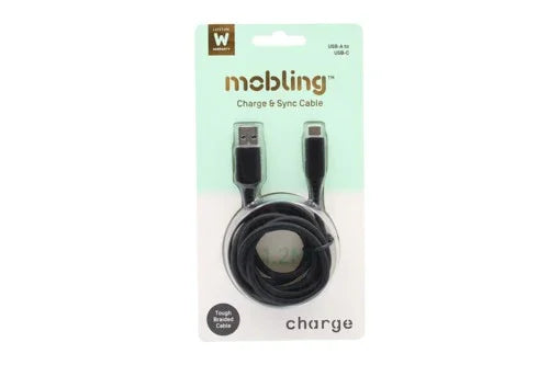 Mobling Braided Cable USB-A to USB-C - 1.2m Black - LX2001 - Homewares, Outdoor, Phone Accessories, Cases, Speakers, Headphones + More -