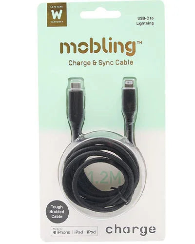 Mobling Braided Cable USB-C to Lightning - 1.2m Black - LX2001 - Homewares, Outdoor, Phone Accessories, Cases, Speakers, Headphones + More -
