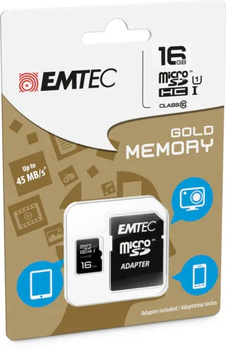 Emtec MicroSD Memory Card 16GB Class 10 With SD Adapter Gold - LX2001 - Homewares, Outdoor, Phone Accessories, Cases, Speakers, Headphones + More -
