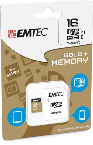 Emtec MicroSD Memory Card 16GB Class 10 With SD Adapter Gold - LX2001 - Homewares, Outdoor, Phone Accessories, Cases, Speakers, Headphones + More -