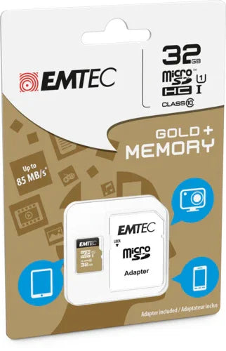 Emtec MicroSD Memory Card 32GB Class 10 With SD Adapter Gold - LX2001 - Homewares, Outdoor, Phone Accessories, Cases, Speakers, Headphones + More -