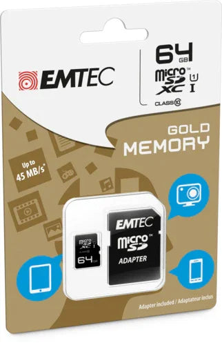 Emtec MicroSD Memory Card 64GB Class 10 With SD Adapter Gold - LX2001 - Homewares, Outdoor, Phone Accessories, Cases, Speakers, Headphones + More -
