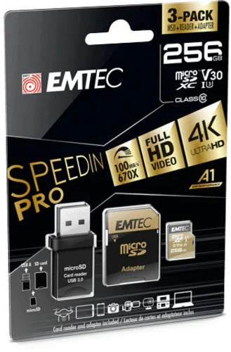 Emtec 256GB MicroSDXC with SD and USB Adapter Gold - LX2001 - Homewares, Outdoor, Phone Accessories, Cases, Speakers, Headphones + More -