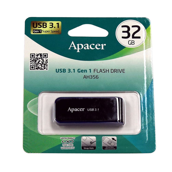 Apacer 32GB USB 3.1 Gen 1 Super Speed Flash Drive. Strap hole, Retractable USB C