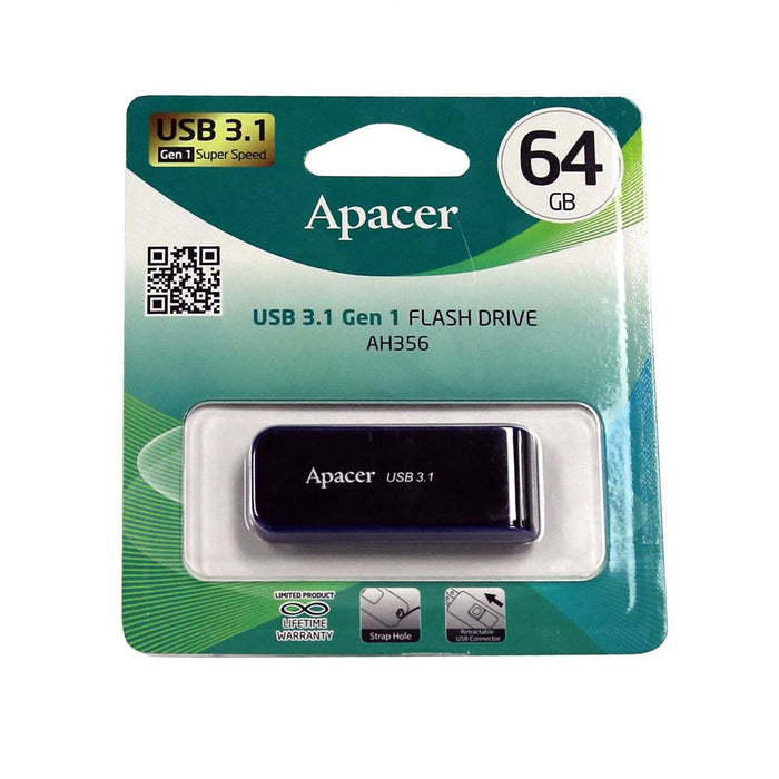 Apacer 64GB USB 3.1 Gen 1 Super Speed Flash Drive. Strap hole, Retractable USB C