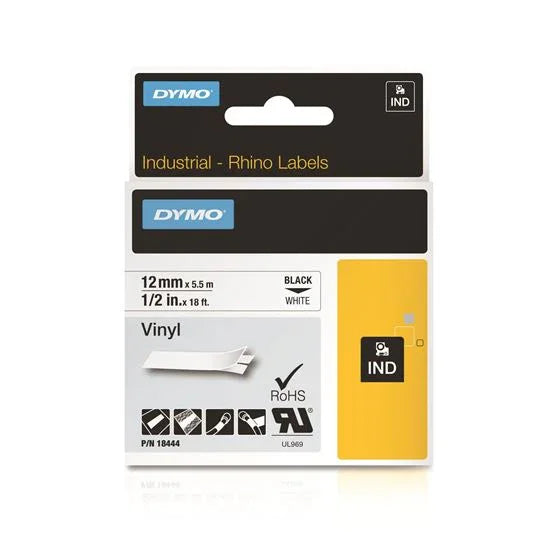 DYMO Genuine Rhino Industrial Vinyl Labels.12mm x 5.5m. Black on White. Compatib - LX2001 - Homewares, Outdoor, Phone Accessories, Cases, Speakers, Headphones + More -